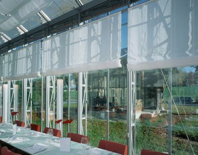Roman Blind Systems, SG 2120, Colorama 1, Room shot "Paul Klee Zentrum - Restaurant Schöngrün", Berne, Switzerland
